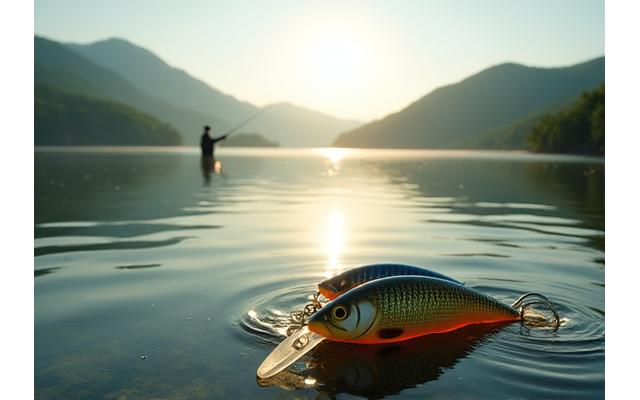 澄んだ湖と釣り具の美しい写真、自然との調和を表現