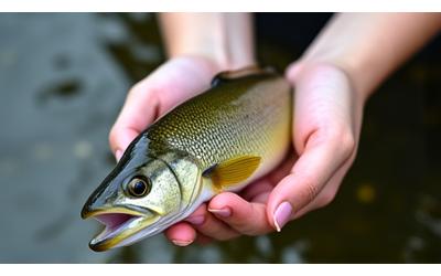 丁寧に魚をリリースする釣り人の手