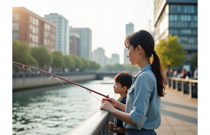 都市部の運河で釣りを楽しむ家族