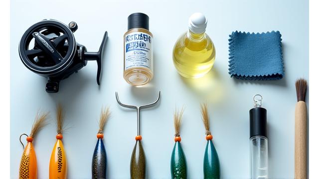 釣り具専用のメンテナンスキットと清潔に保管されたリールとルアー