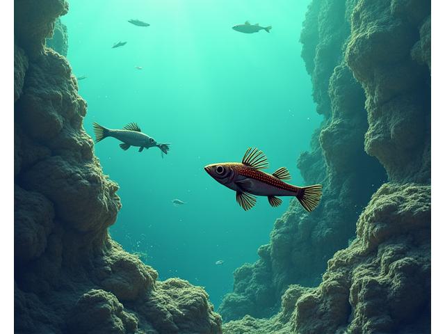 岩礁帯に潜むカサゴのイラストと、それを狙う専用ジグヘッド