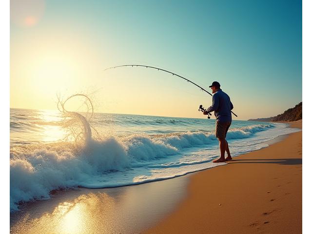 砂浜で遠投されるサーフロッドと、波打ち際で跳ねるヒラメ