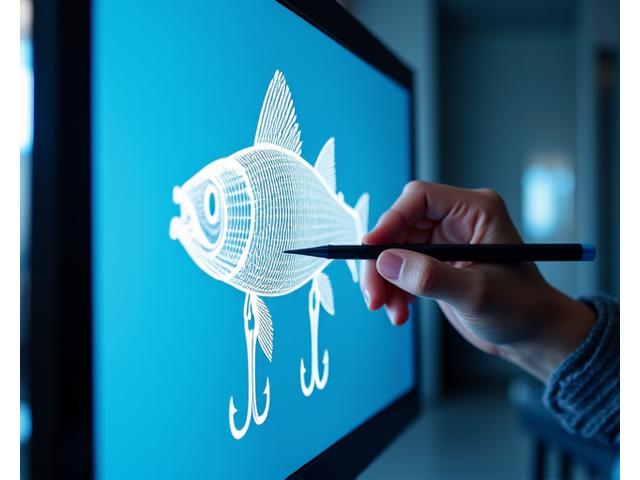 CADソフトウェアで釣りルアーを設計するエンジニア。精密な3Dモデリングの画面。