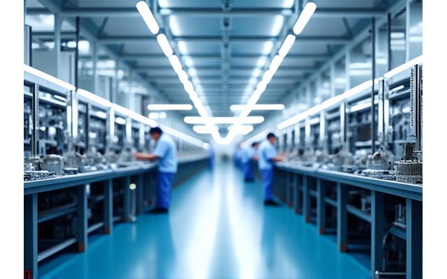 清潔で近代的な釣具製造工場の内部。自動機械と熟練の職人が協力して作業する様子。
